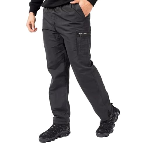 Men’s Thermal Fleece-Lined Cargo Trousers – Windproof Water-Resistant Work Combat Pants with Multi Pockets, Elasticated Waist & Drawstring for Walking & Outdoor, Biker Cyclist Use - Black XL — view 3