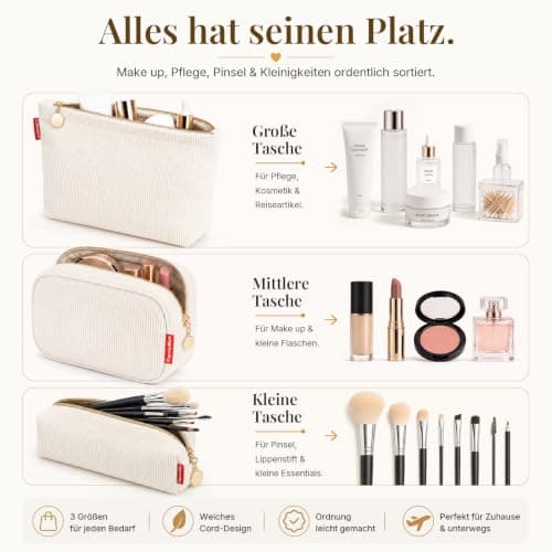 Captain Blues Makeup Bag 3 Piece Set, Corduroy Small Makeup Bag with Compartments, Cosmetic Bag Pouch, Toiletry Bag and Travel Make Up Bag for Handbag (Cream White) — view 3