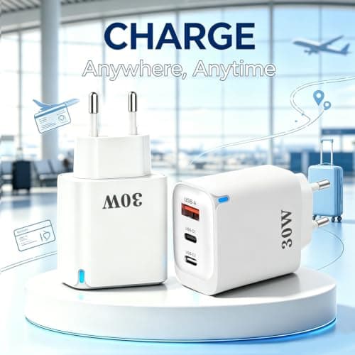 EU plug travel adapter charger, European wall adapter with 2 USB C fast charging ports and 1 USB A port, European universal fast charger Compatible with iPhone/Samsung,2 pack — view 3