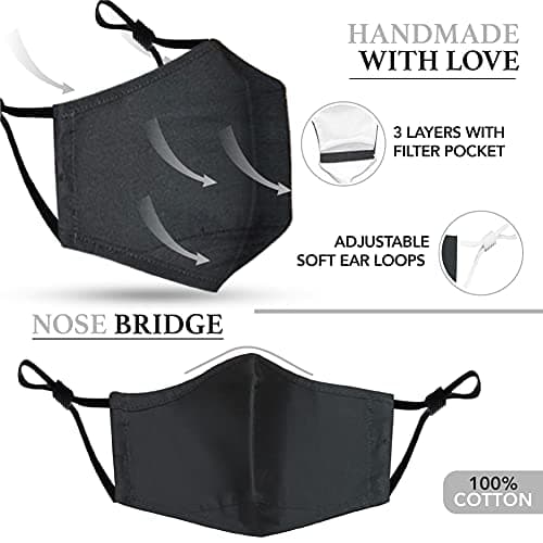 Cotton Face Mask 5 Pack | Handmade in UK Washable Reusable with Nose Wire | Filter Pocket | Adjustable Ear Loops | 3 Layers Cloth Face Masks for Women Men — view 3