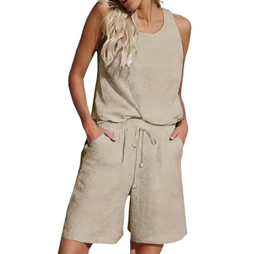 EMUKFD Holiday Co Ord Sets for Women Cotton Linen Sleeveless Vest Tops Wide Leg Shorts 2 Piece Loungewear Beach Travel Airport Leisure Suits Holiday Clothes Festival Outfit Homewear Pyjamas Set — view 2