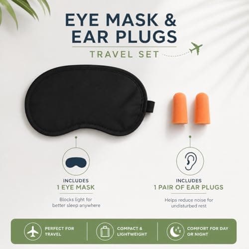 MAR Sleep Eye Mask & Ear Plugs Set – Black Travel Sleeping Mask with Soft Foam Ear Plugs – Light & Noise Blocking Sleep Set for Flights, Travel, Shift Work & Home — view 2