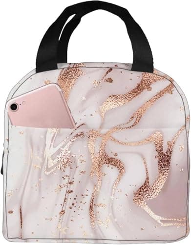 HYEPNED Rose Golden Marble Reusable Insulated Lunch Bags for Women & Kids & Girls & Adults & Ladies, Waterproof Leak-Proof Cool Bag for Work School Picnic (Pink) (Pink)