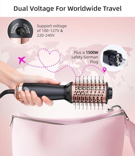 Travel Dual Voltage Hair Dryer Brush, Small Hot Air Brush for European Travel, Compact 2 Inch One Step Blowout and Volumizer Hair Blow Dryer with Oval Design, Rose Gold — view 2