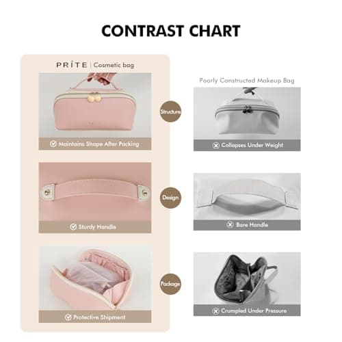 Prite Travel Makeup Bag Flat Lay Cosmetic Case with Brush Pocket, Pink, M — view 4