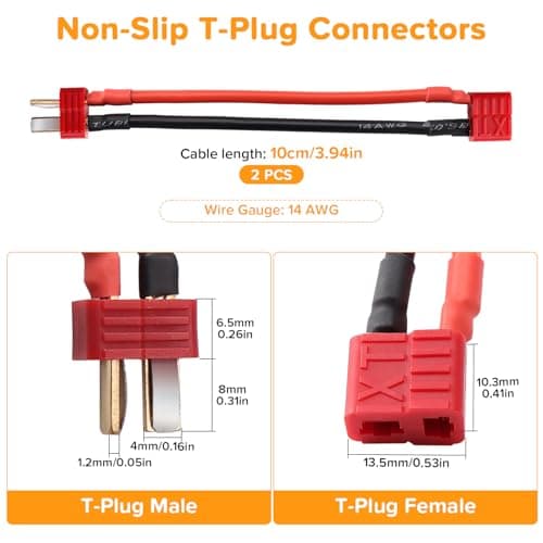Lyeteung 2 PCS Non-Slip T-Plug Connectors, Deans T Male to Female Plug Connectors Adapter with 100mm 14 AWG Silicon Wire, for RC Lipo Battery — view 2