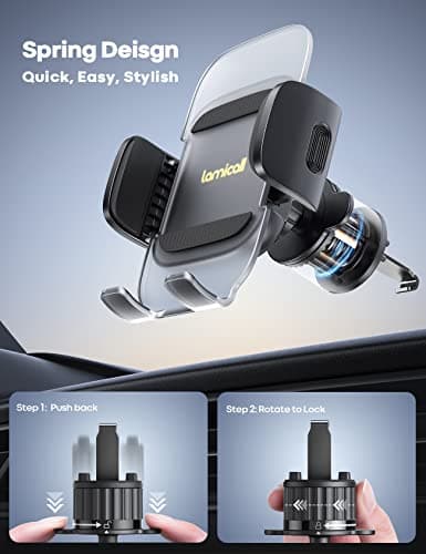 Lamicall Car Vent Phone Holder - [Quick Spring Clip] Car Phone Mount with Metal Hook, Universal Air Vent Cradle for iPhone 17 16 15 14 13 12 Pro Max Plus Air Mini, Samsung S25, 4-7” Phone — view 2