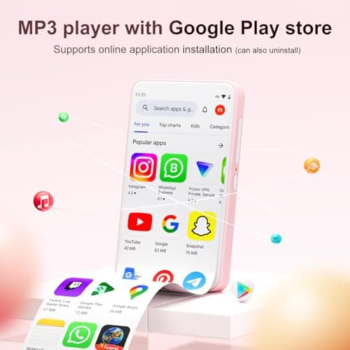 80GB MP3 Player with Bluetooth and WiFi, Mp3 & Mp4 Music Player with Spotify, Amazon Music, Audible, 4.0" IPS Touch Screen Android Player with Speaker, FM Radio, Up to 512GB (Pink) — view 2