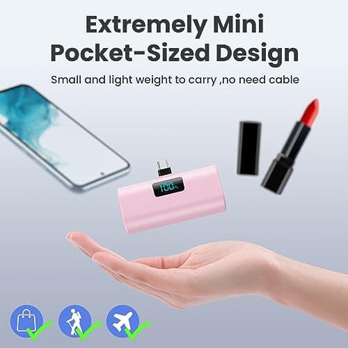 Power Bank Portable Charger for iPhone, Upgraded 5200mAh PD USB C Fast Charging Battery Pack, Ultra-Compact Powerbank Compatible with iPhone 17/16/15 Series, Samsung S25/24 Series, Huawei etc-Pink — view 3