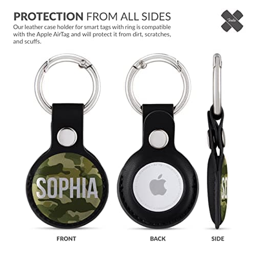 Tirita Personalised Case Keyring Holder Compatible with Apple AirTag 1 & 2 - Leather Case with Key Ring for Apple Air Tag [29- Camo Green Name on Black] — view 3