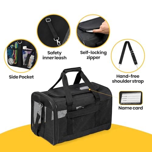 Conlun Black Soft-Sided Dog Carrier, Large Cat Carrier with Inner Safety Leash, Pet Transport Carrier for Large Cats and Medium Dogs up to 10 KG, Collapsible Travel Puppy Carrier Bag - Black, L — view 3
