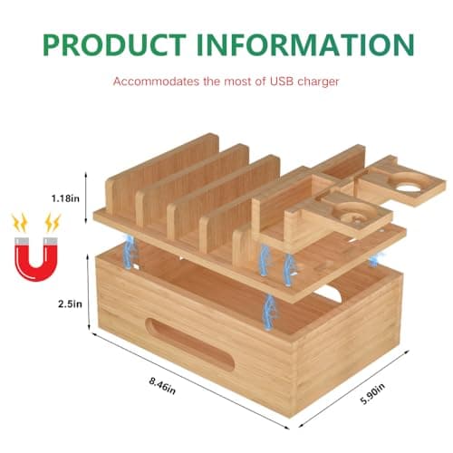Deefielly Bamboo Charging Stations for Multi Devices with 5 Port USB Charger, 6 Cables, Desktop Wood Docking Station Charger Organizer for Cell Phones, Tablets,Earphone, Watches — view 2