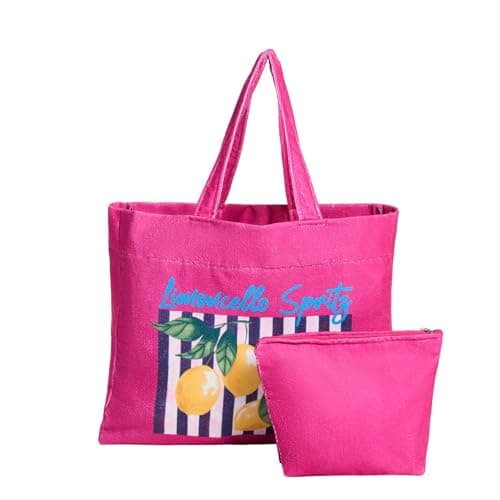 OHS Beach Tote Bags for Women, Limoncello Spritz Slogan Large Beach Bag with Matching Zip Pouch Waterproof Lining Reusable Grocery Bags for Women Travelling Shopping Pool, Pink