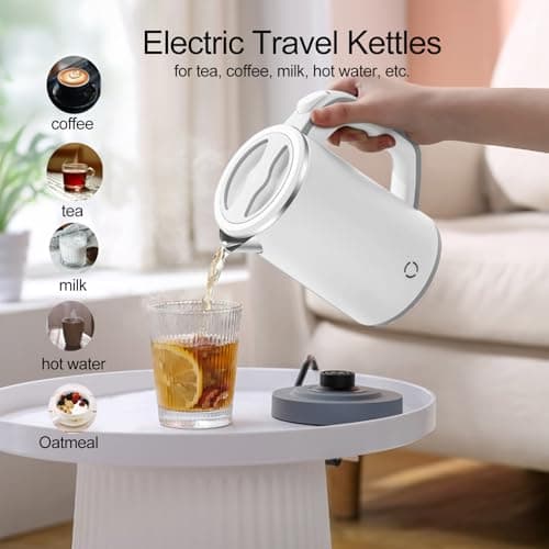 Zoravson 0.8L Travel Kettle Small, Low Wattage Kettle, Compact Electric Kettles Dual Voltage 110-240V, Auto Shut-Off and Dry-Boil Protection Stainless Steel Kettles for Office,Bedroom,Caravan-White — view 4