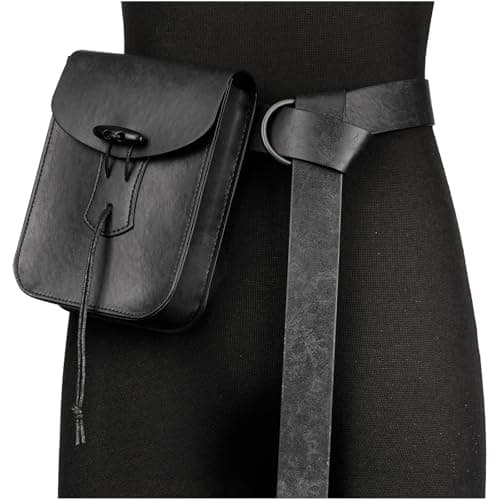 HiiFeuer Medieval Faux Leather Belt Bag, Vintage Renaissance Belt Pouch Fanny Pack Purse, Waist Bag Cosplay for Ren Faire (Black A)