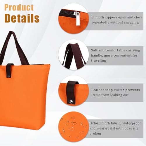 INCAUCA Reusable Grocery Tote Bag Foldable, Large Shoulder Tote Bag for Women Work with Zipper, Oxford Cloth Waterproof Shopping Beach Handbag for Gym Travel Vacation Overnight, Orange — view 6