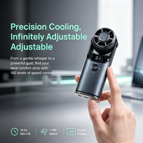 Portable Handheld Fan with Turbo Cooling,10H Cooling Mini Neck Fan,180° Rotatable Turbo Fan with Holder Lanyard,USB Rechargeable,Power LED Display,1-100 Speed Scroll Wheel,for Travel, Outdoor,Black — view 2