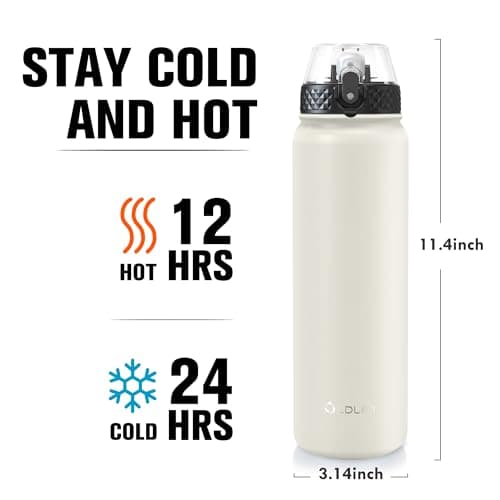 OLDLEY Stainless Steel Water Bottle with Straw 1L Vaccum Insulated Large Drink Flask Metal Water Bottles 1 Litre Leakproof Keep Drinks Hot Cold for Bike Sports Gym with Different Lids(Cream, 3 Lids) — view 3