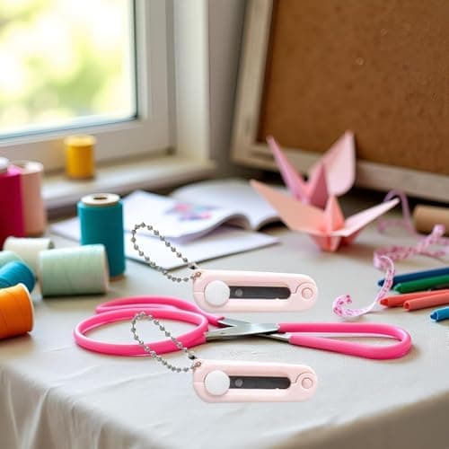 2Pcs Pink Folding Safe Portable Travel Scissors, Foldable Telescopic Cutter, Pocket Mini Scissor with Keychain for Cutting, Scrapbooking, Crafting, Sewing Craft Cutting Tools — view 2
