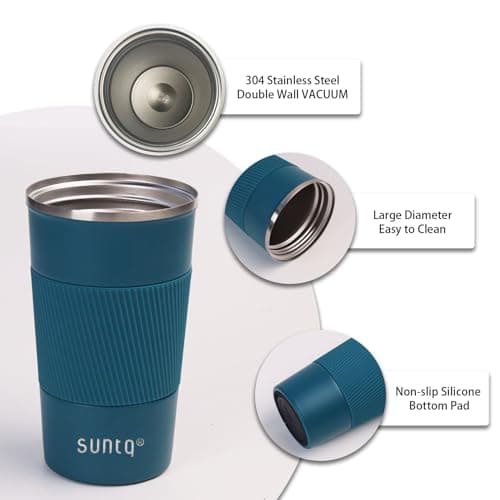 SUNTQ Reusable Coffee Cups Travel - Coffee Travel Mug with Leakproof Lid - Thermal Mug Insulated Cup - Stainless Steel Travel Cup with Rubber Grip - for Hot and Cold Drinks, 13oz/380ml Blue — view 2