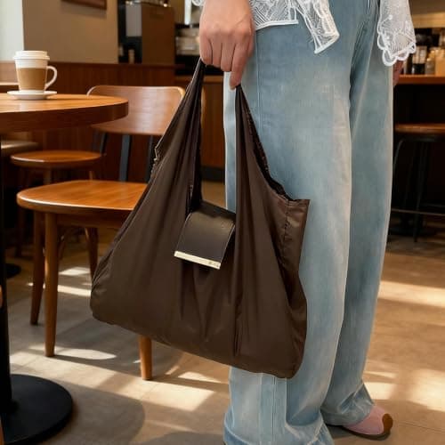 Foldable Keychain Tote Bag with Leather Pouch, Reusable Shopping Bags — view 3