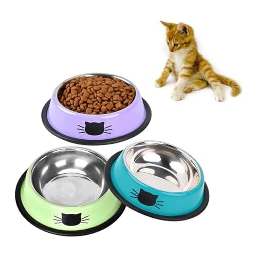 SUOXU Cat Bowls, Stainless Steel Colorful Cat Food Bowl, Non-slip Pet Water Bowl, Puppies Feeding Bowl, Set of 3 Metal Cat Bowl With Silent Pet Feeding(Blue/Purple/Green)