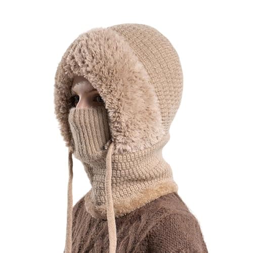 TASBER 3 in 1 Beanie Hat for Women, 3 in 1 Beanie Hat with Scarf and Mask, Women's Outdoors Windproof Scarf Hat (Khaki)