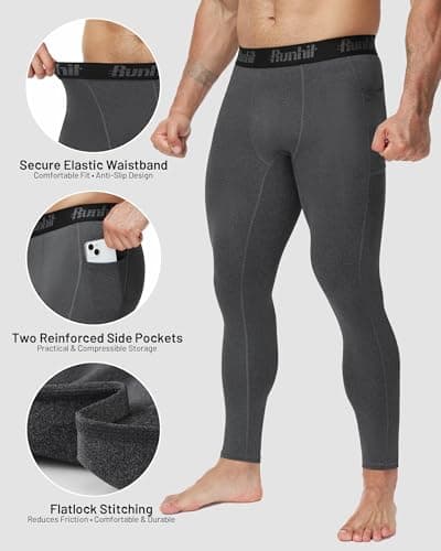 Runhit Men’s Compression Trousers with Pockets, Running Leggings Thermal Tights, Sports Base Layer Pants for Fitness Walking Yoga Gray XL — view 4