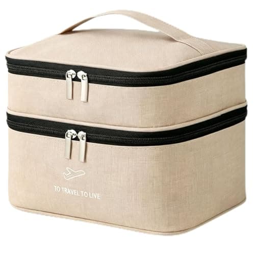 Travel Makeup Bag for Women, Large Capacity 2-Layer Cosmetic Organiser with Makeup Brush Organiser, Water-Resistant Durable Nylon Toiletry Bag, Portable Make Up Bags Case for Travel, Home Use (Beige)