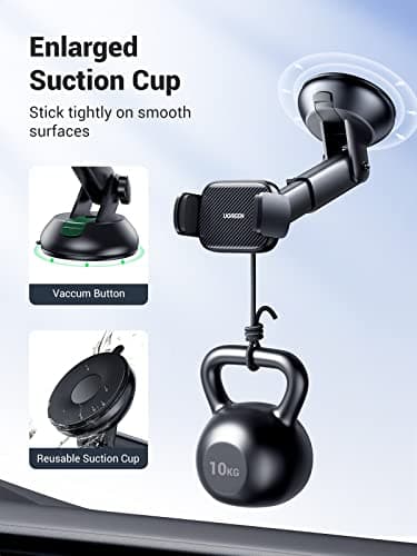 UGREEN Car Phone Holder Windscreen Mount Dashboard Phone Automobile Cradles Superior Suction Cup 360°Adjustable Long Arm Compatible with iPhone 16 Pro Max 15 14 13 12 11 SE, Galaxy S24 S23(Black) — view 3