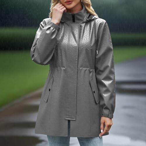 Keepink Womens Waterproof Jacket Detachable Hood Raincoat Drawstring Waist — view 3