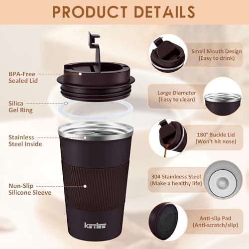 KETIEE Travel Mugs, 380ml Insulated Coffee Cup with Leakproof Lid - Double Walled Coffee Mug,Stainless Steel Thermal Mug for Hot Cold Drinks,Reusable Coffee Cups Travel Cups,Coffee Travel Mug-Brown — view 2