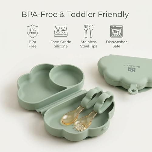 Bebamour Foldable Toddler Feeding Set with Silicone Plate, Fork & Spoon, BPA-Free Self Feeding Set for Toddlers 2-4 Years, Portable Travel Friendly Weaning Tableware, Dishwasher Safe (Beige) — view 6