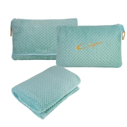 Compact Travel Blanket for Airplane, Premium Soft 2-in-1 Blanket with Pillowcase and Carry Bag, Lightweight Travel Essentials with Luggage Sleeve and Backpack Clip, Mint Green