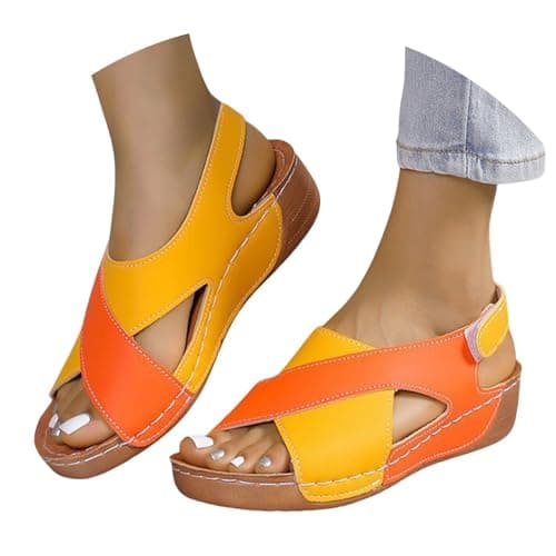 Open Toe Orthopedic Sandals for Women with Back Strap,Ladies Patchwork Slingback Wedge Sliders Ankle Strap Casual Summer Arch Support Comfy Walking Sandal with Touch Fastening Size 4 Orange-Yellow — view 3