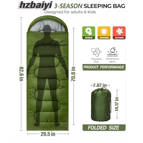 Sleeping Bags for Adults & Kids Sleeping Bag 3 Season, Ultralight Carry Bag, Adult Blanket, Lightweight Compact for Outdoor Camping, Travel, Hiking, Indoor & Outdoor Use (Green) — view 2
