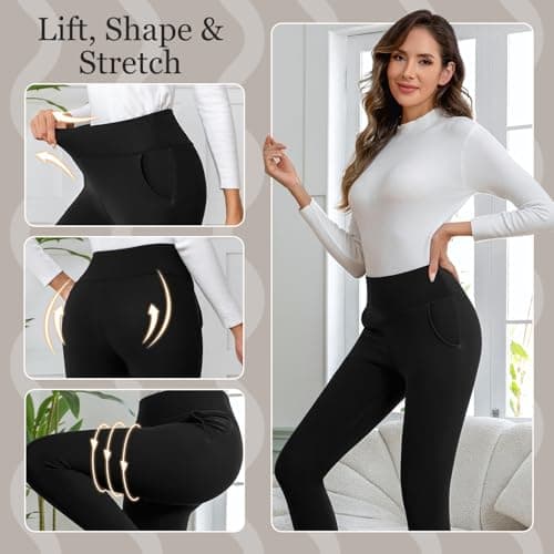 CrystErzoix Fleece Lined Leggings Women High Waisted Thermal Leggings Thick Ladies Sports Yoga Leggings Winter Warm with Pockets, Black L 2-Pack — view 5