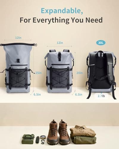 ECOHUB Waterproof Dry Bag Backpack, Roll Top Closure Heavy Duty Waterproof Backpack, Dry Bag Rucksack with IPX8 Water proof Phone Case for Hiking, Kayaking, Boating, Camping, Fishing, 30L-Grey — view 4
