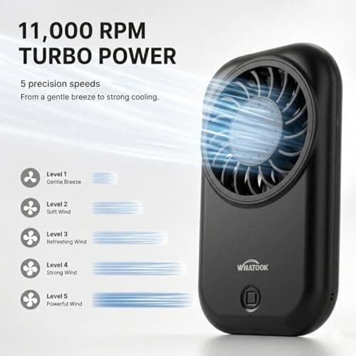 WHATOOK Mini Handheld Turbo Fan: 0.59in Ultra-Slim & 0.12lbs Light Pocket Fan, 11000 RPM Power, 5 Speeds, USB-C Rechargeable Portable Small Personal Hand Fan for Travel Essentials,Outdoor,Gift,Black — view 3