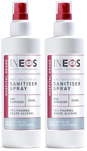 INEOS - Sanitiser Spray (250ml) – Surfaces - Hospital Grade - 75% pharma grade alcohol - 99.9% of viruses and bacteria (Pack of 2)