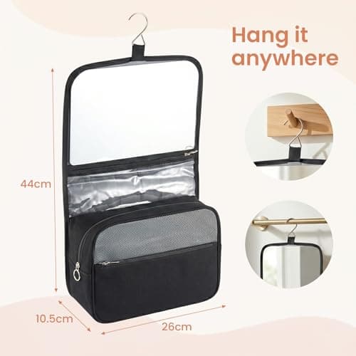 SUNNYNEST Unisex Travel Makeup Bag with Mirror – Foldable Hanging Toiletry Bag, Vanity Case & Makeup Organiser for Business Trips, Camping, Fitness & Weekend Getaways (Black) — view 2