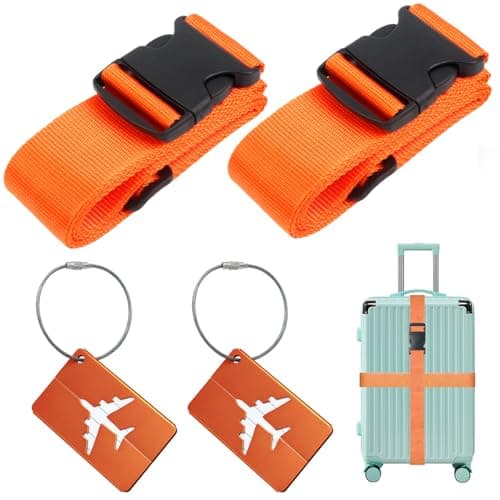 Luggage Strap (2 Pack), with 2 Luggage Tags, Custom Identification, Travel Bag Closure, For Connecting Luggage Together, Orange color