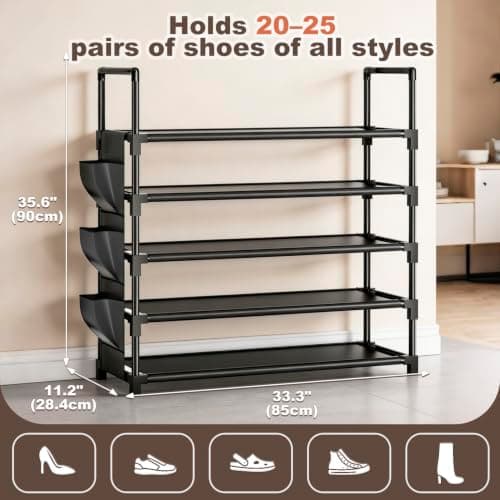 OYREL Shoe Rack 5 Tier 20-25 Pairs Shoes, Large Shoe Storage with Side Bag — view 3