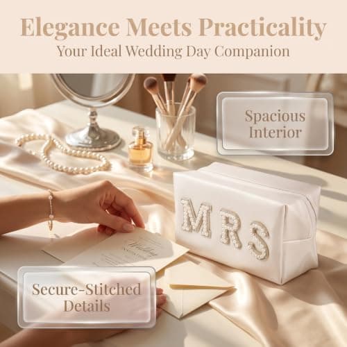 Kemay Bride Cosmetic Bag, Waterproof PU Leather Makeup Bag with Pearl Rhinestone MRS Letters, Bridal Shower Gift, Wedding Emergency Kit Travel Organizer — view 4