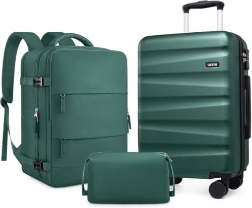 UKEIN Luggage Set with Backpack,Hardshell Carry On Luggage Airline Approved, Dark Green, 3 piece set (20inch), Luggag With Spinner Wheels and Backpack