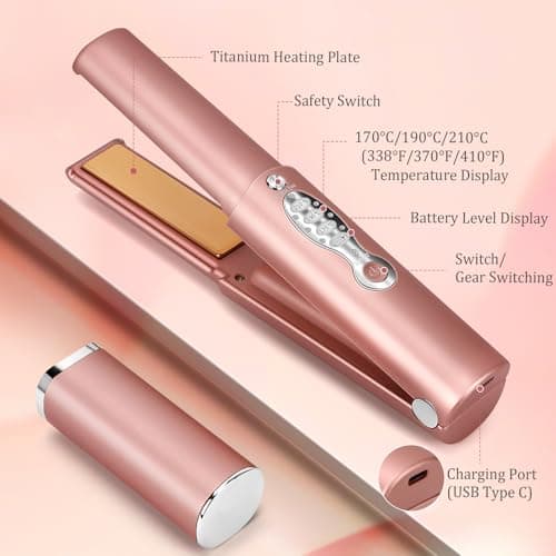 Cordless Titanium Hair Straightener and Curler w Cover, Portable USB Rechargeable Fast Heat Up Flat Iron Travel Size with 5V/5000mAh Battery, Anti-Scald 3-Level for Smooth, Swift and Glossy Hair(Pink — view 4