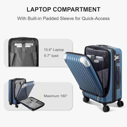 LEVEL8 Cabin Suitcase 20-Inch Carry on Luggage, ABS+PC Hardshell Spinner Trolley with Laptop Compartment, TSA, 4 Wheels for Airplane for Women Men, Blue — view 3