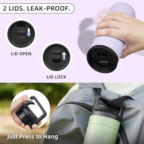 BJPKPK Insulated Water Bottle with 2 Lids,600ml Double Wall Stainless Steel Vacuum Tumbler Travel Coffee Mug,Wide Mouth Thermal Cup,Purple — view 6