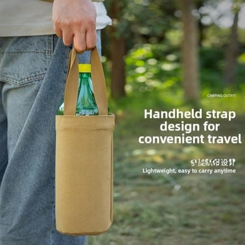 Water Bottle Bag, Canvas Insulated Carrier Flask Holder with Handle Portable Thermal Cup Pouch for Outdoor Travel Camping(Black) — view 2