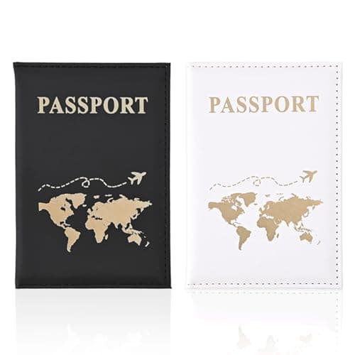 REEKNOKOL 2Pcs Passport Holder, Leather Passport Cover PU Passport Holder Travel Wallet for Passport, Credit Card, Ticket Card, Business Cards, Boarding Passes (Black+White)
